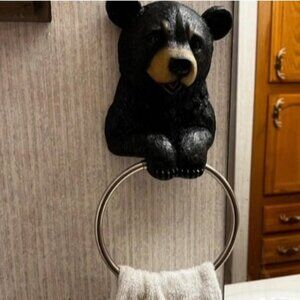 Black Bear Wall Mounted Towel Ring | Cabin Decorations and Hunting Kitchen Decor